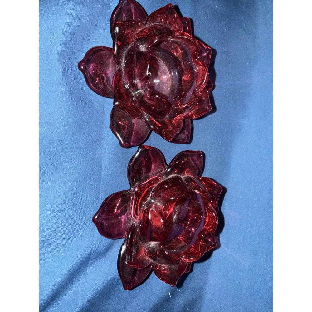 Vintage Red Lotus Flower Blossom Glass Votive Candle Holder Set of 2